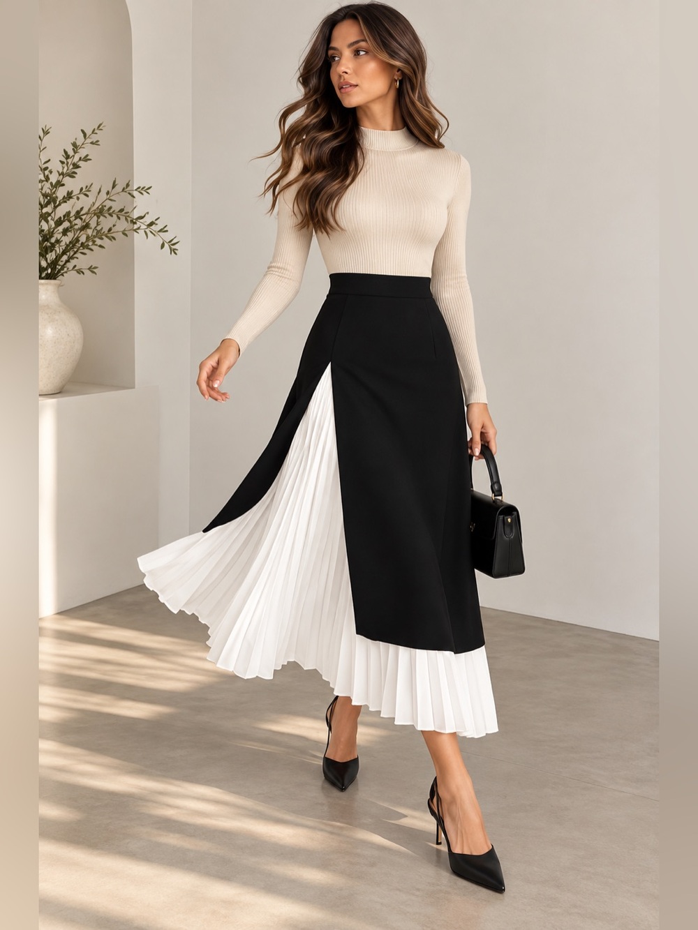 COMMENSE Two Tone Pleated Midi Skirt